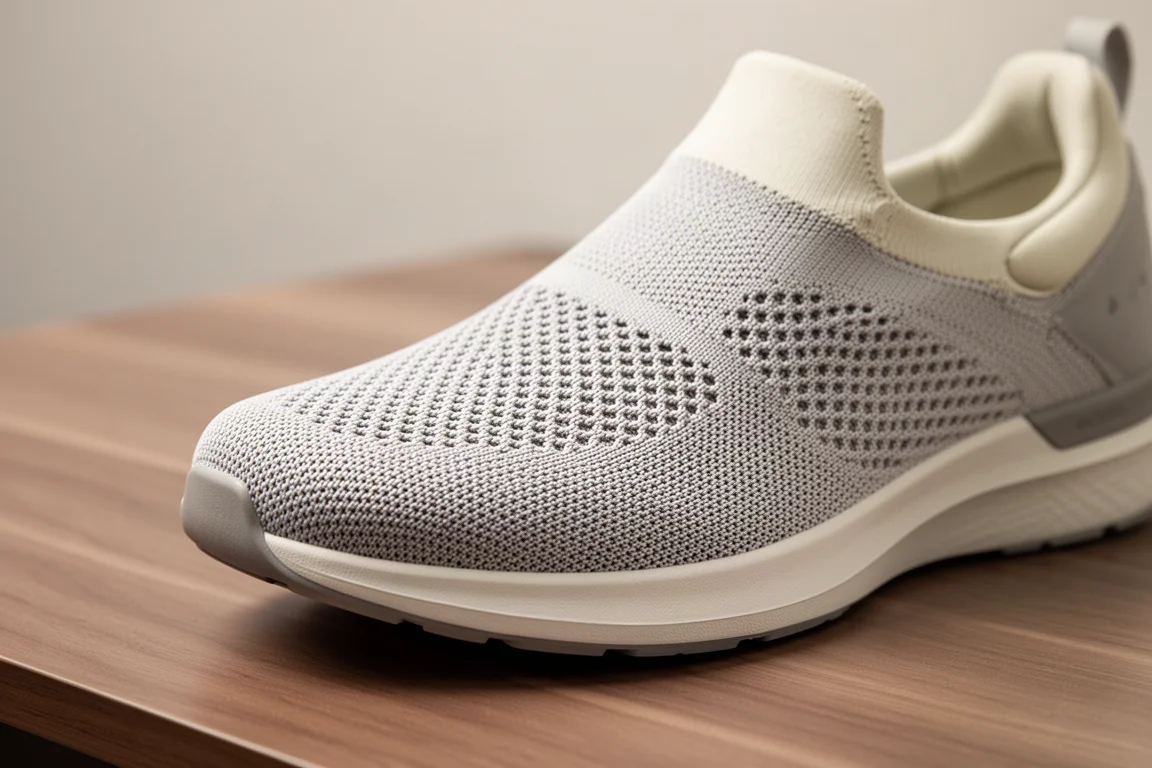 Close-up of a running shoe midsole showing layered dual foam construction