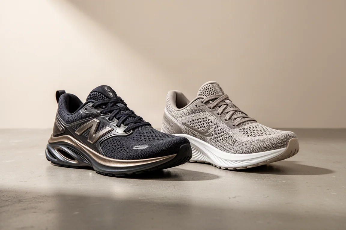 Zwei Laufschuhe nebeneinander auf einer Betonoberfläche