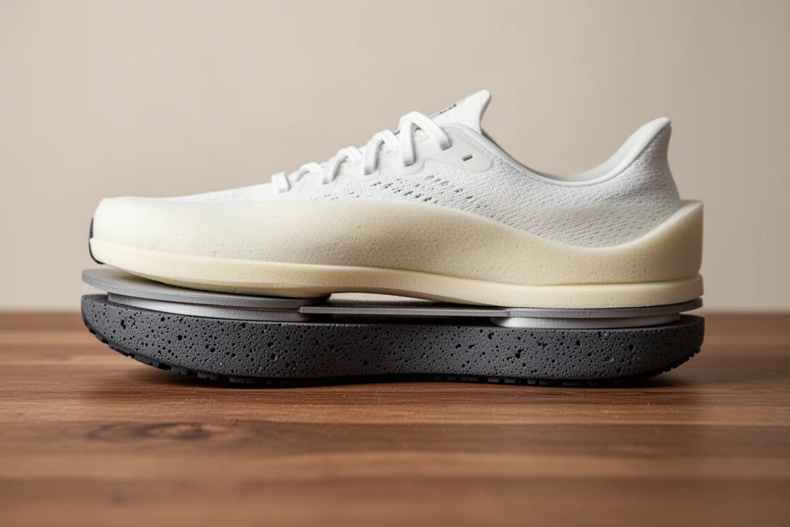 Close-up of a layered running shoe midsole showing a soft top foam and firmer bottom layer