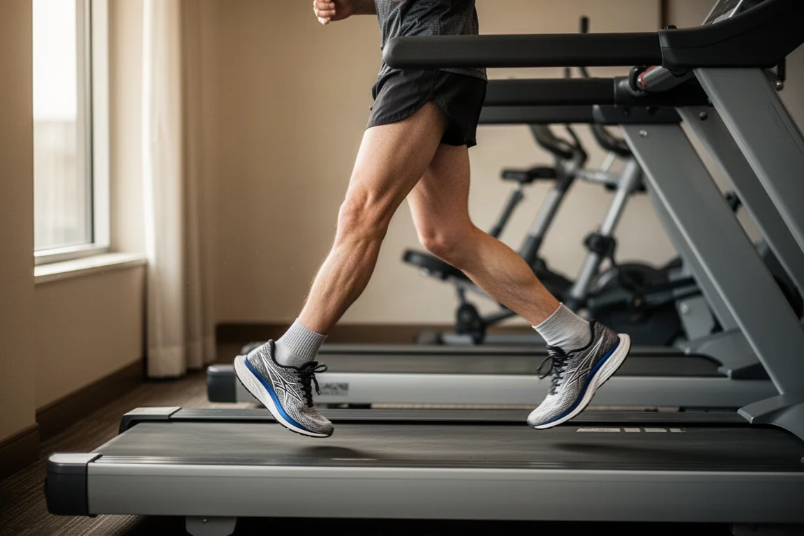 Runner doing a treadmill interval workout in a hotel gym