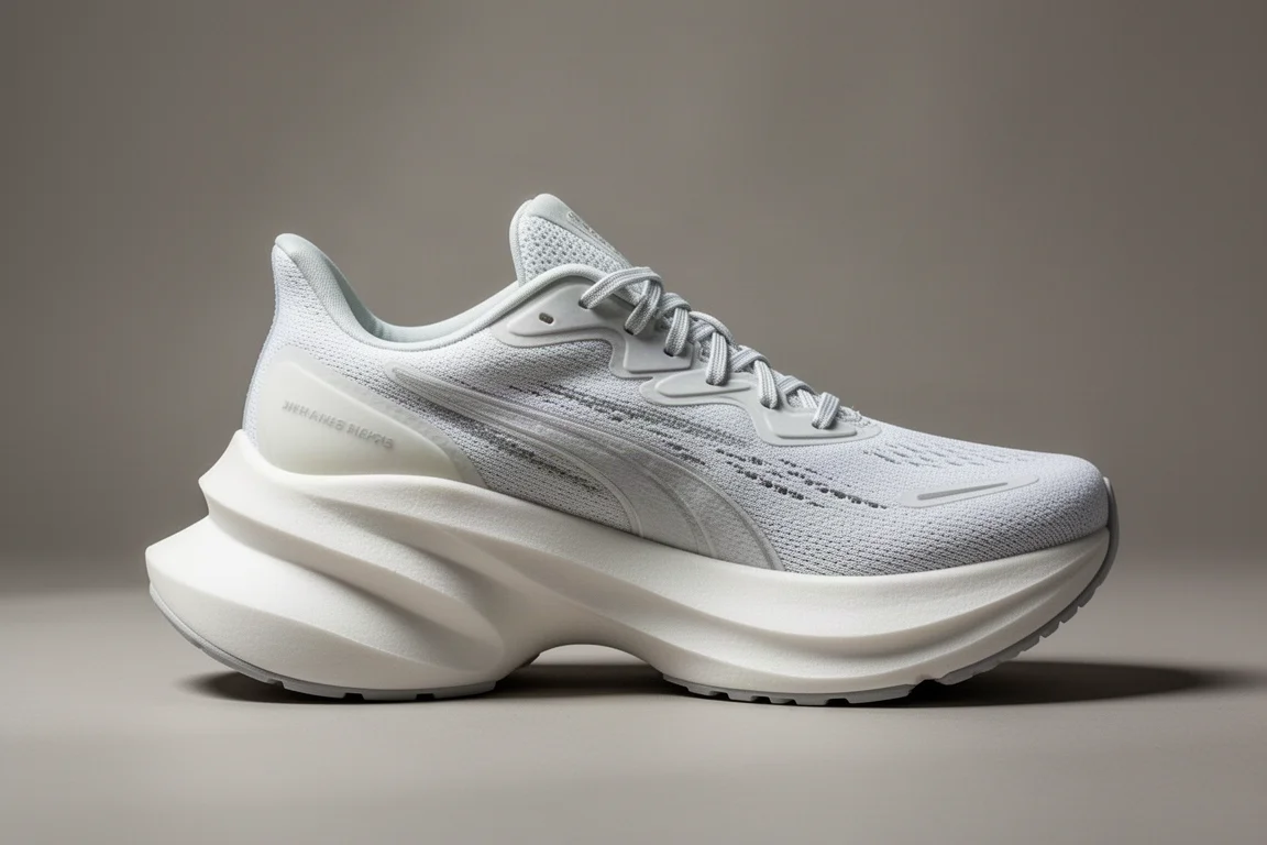Close-up of a tall stack of white midsole foam on a chunky-heeled trainer