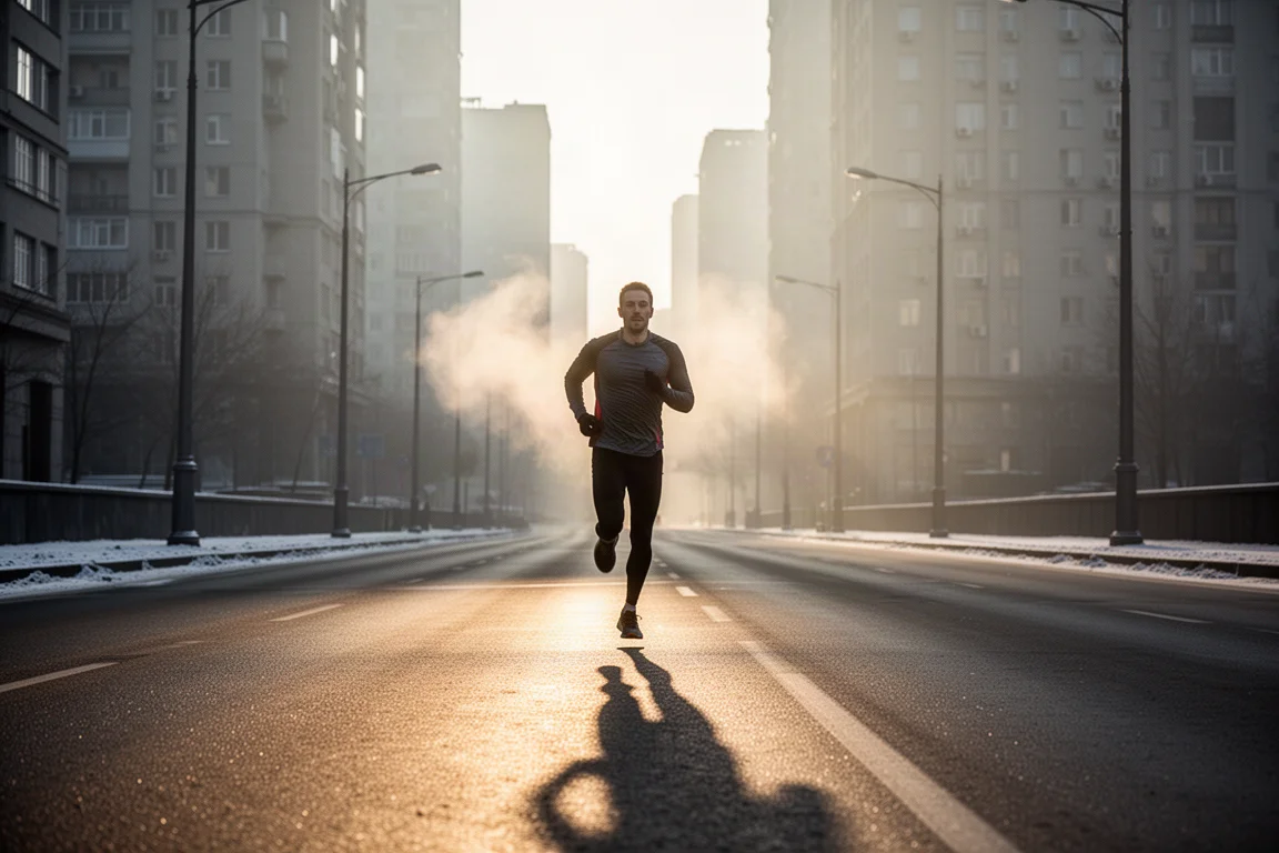 Runner on a cold city street during an early morning run