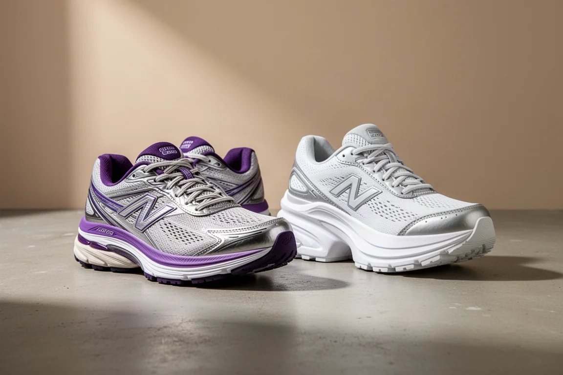 Zwei Laufschuhe nebeneinander mit Platten- und Non-Plated-Zwischensohlendesign
