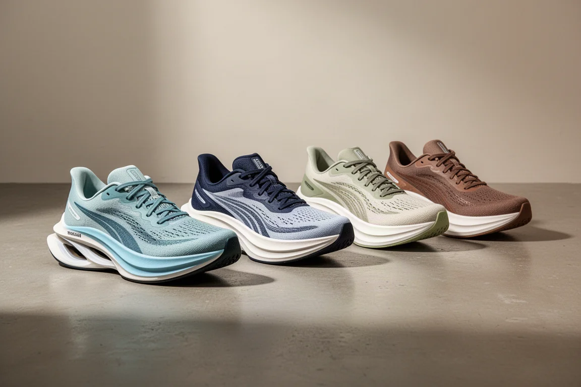 Vier Laufschuhe mit Platte nebeneinander auf einem Betonstudiofußboden