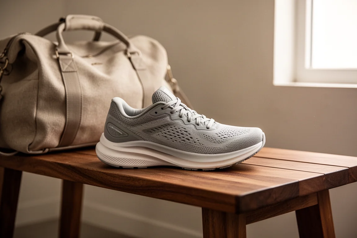 Saucony Endorphin Speed 5 訓練鞋放在木製長凳上,旁邊有運動袋