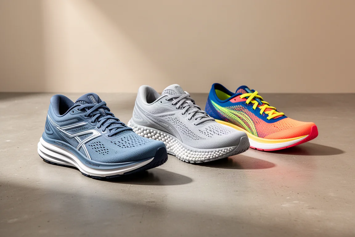 Drei Performance-Laufschuhe nebeneinander auf einer Betonoberfläche