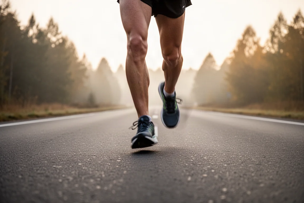 Füße mitten im Schritt bei einer Fartlek-Einheit auf einer leeren Straße
