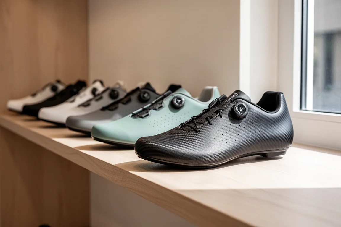 Wettkampfschuhe in weichem Licht auf einem Ladentisch aufgereiht