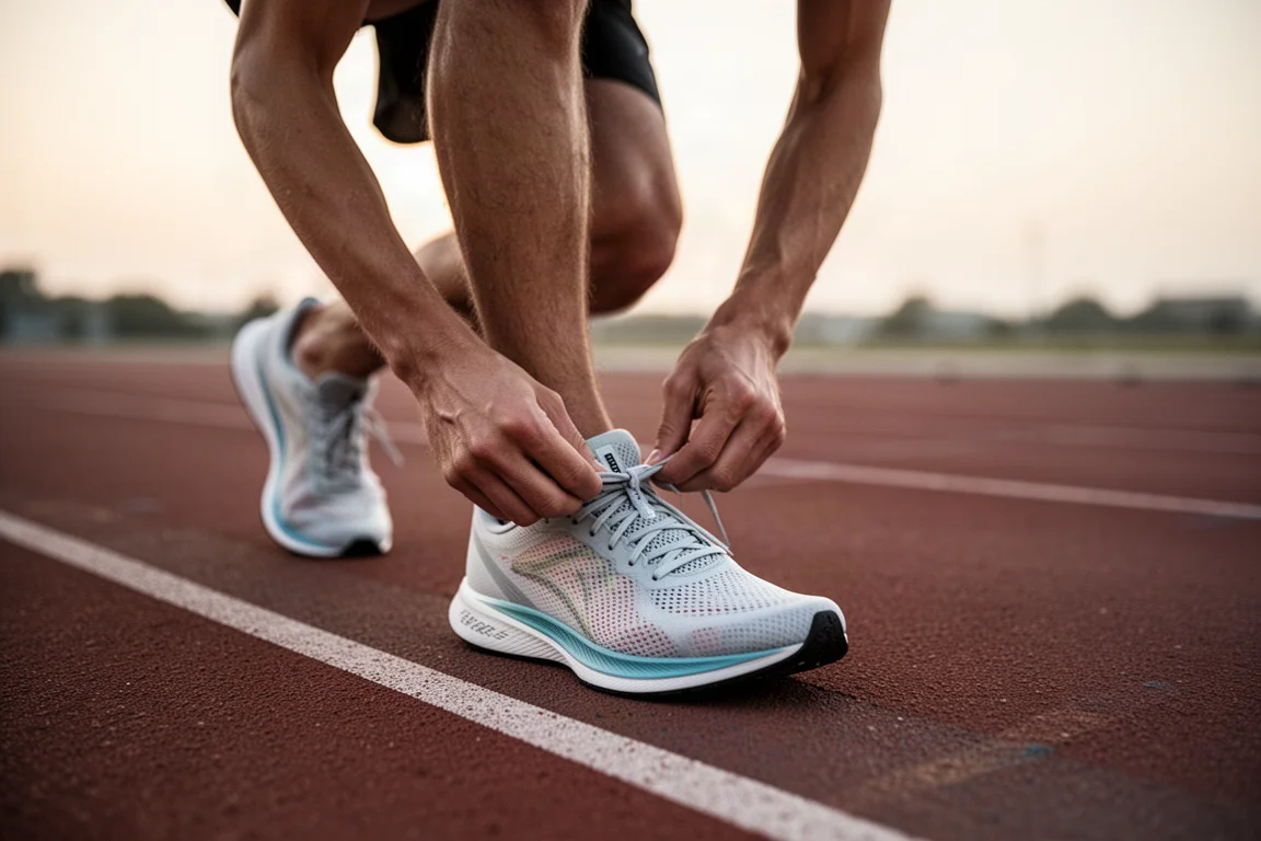 Un coureur lacent ses chaussures de course légères avant une séance de fractionné sur piste