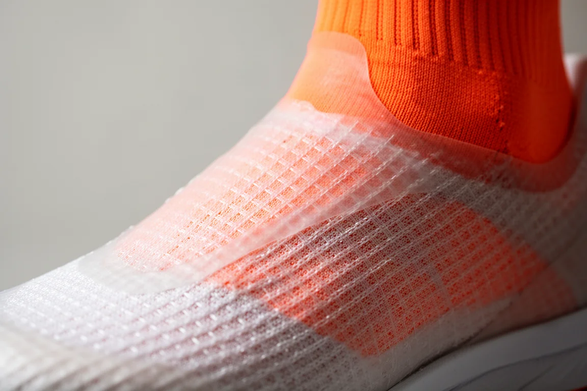 Gros plan sur une tige semi-transparente de chaussure de running laissant transparaître une chaussette claire