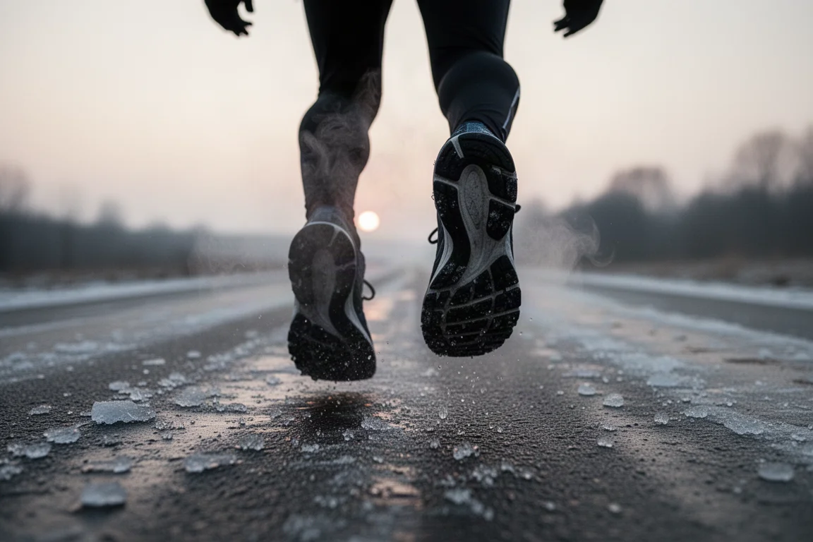Un coureur prenant appui sur la pointe sur du bitume verglacé, la chaussure adhérant à la surface