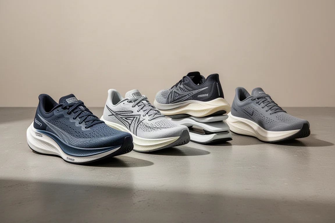 Four carbon plate racing shoes arranged on a concrete surface