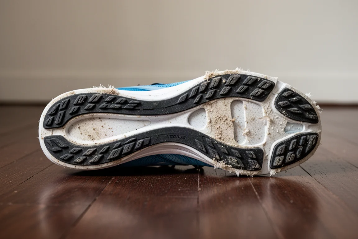 Tussenzool van een schoen die onder druk samendrukt op een atletiekbaan
