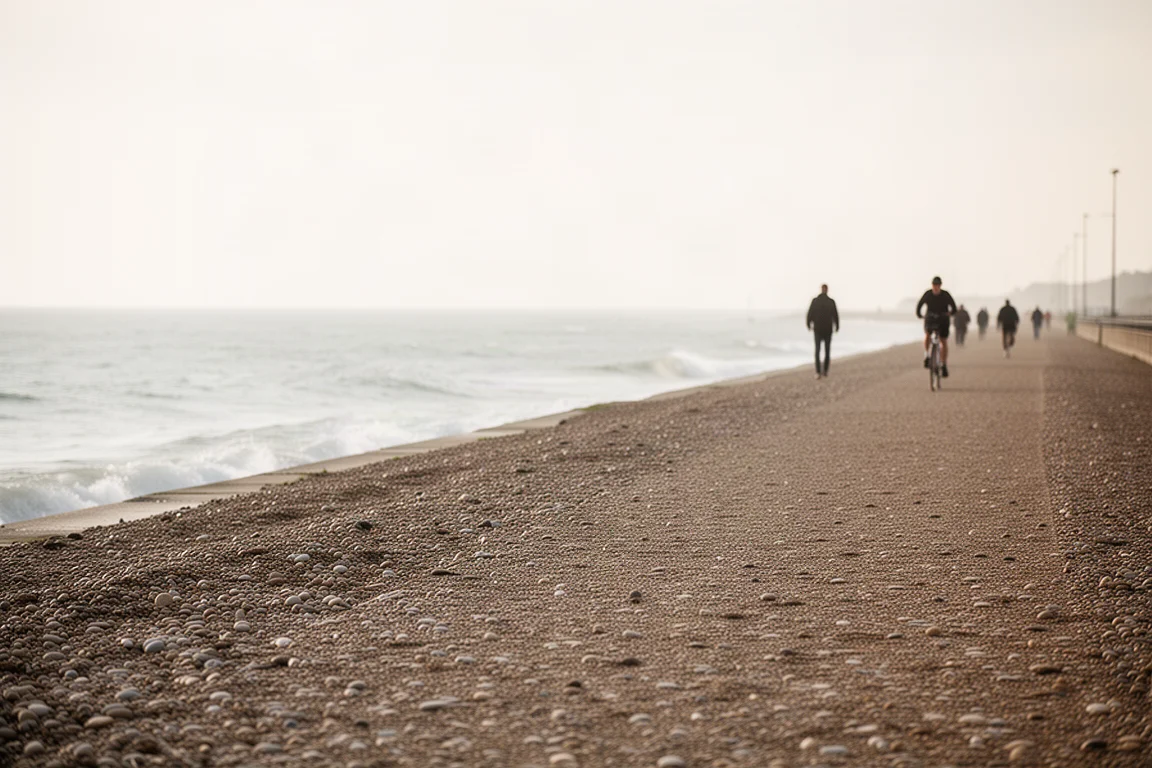 Blick aufs Meer von einem Küstenlaufweg, auf dem Fußgänger und Radfahrer die Strecke teilen