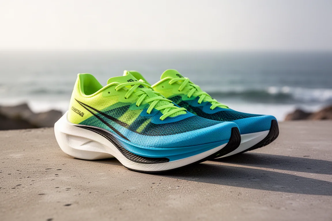Pair of carbon plate racing shoes on concrete near the coast