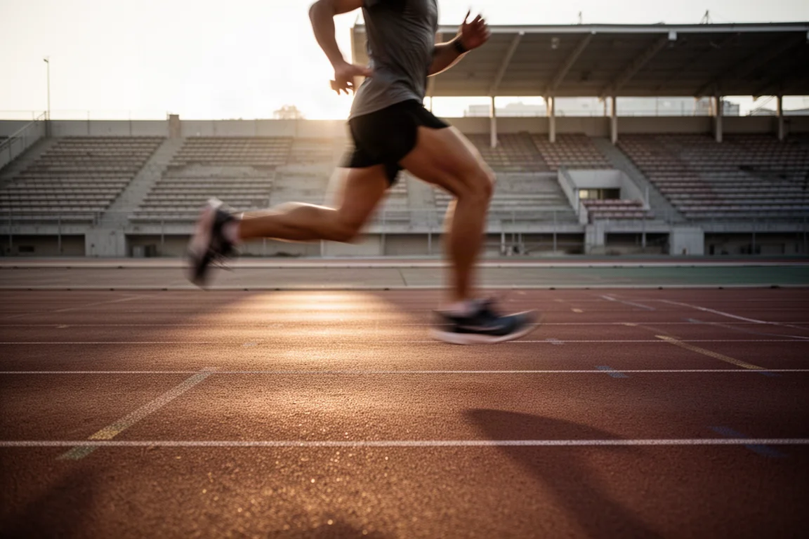 Corredor estirando antes de un entrenamiento exigente en una pista urbana con suave luz matinal