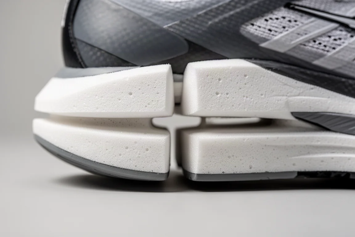 Primer plano de una mediasuela desacoplada en una zapatilla de competición con carbono mostrando dos bloques de espuma