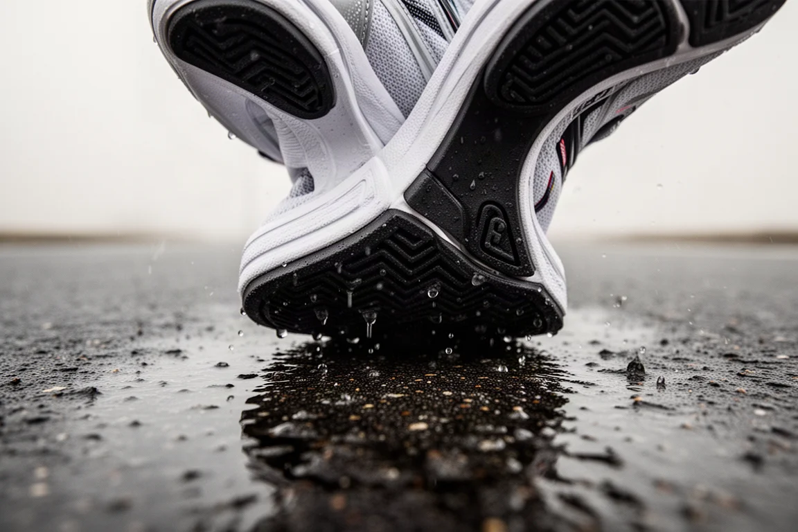 Zapatillas de competición agarrándose a una superficie de asfalto mojado con la suela de goma visible