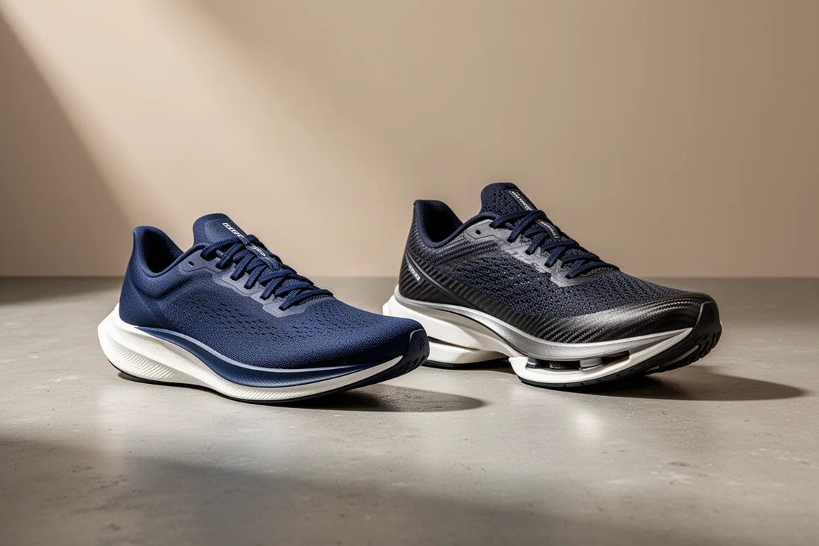 Two carbon racing shoes side by side on a concrete surface
