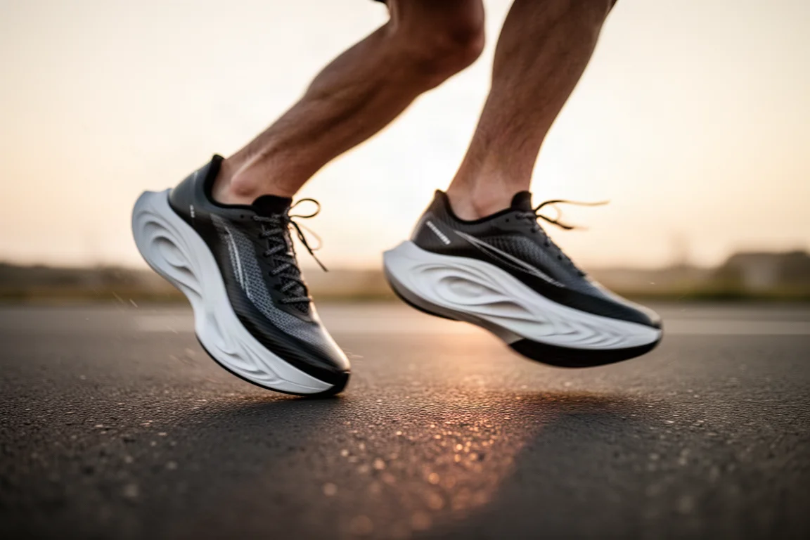 Runner's feet in carbon racing shoes on smooth tarmac at sunrise