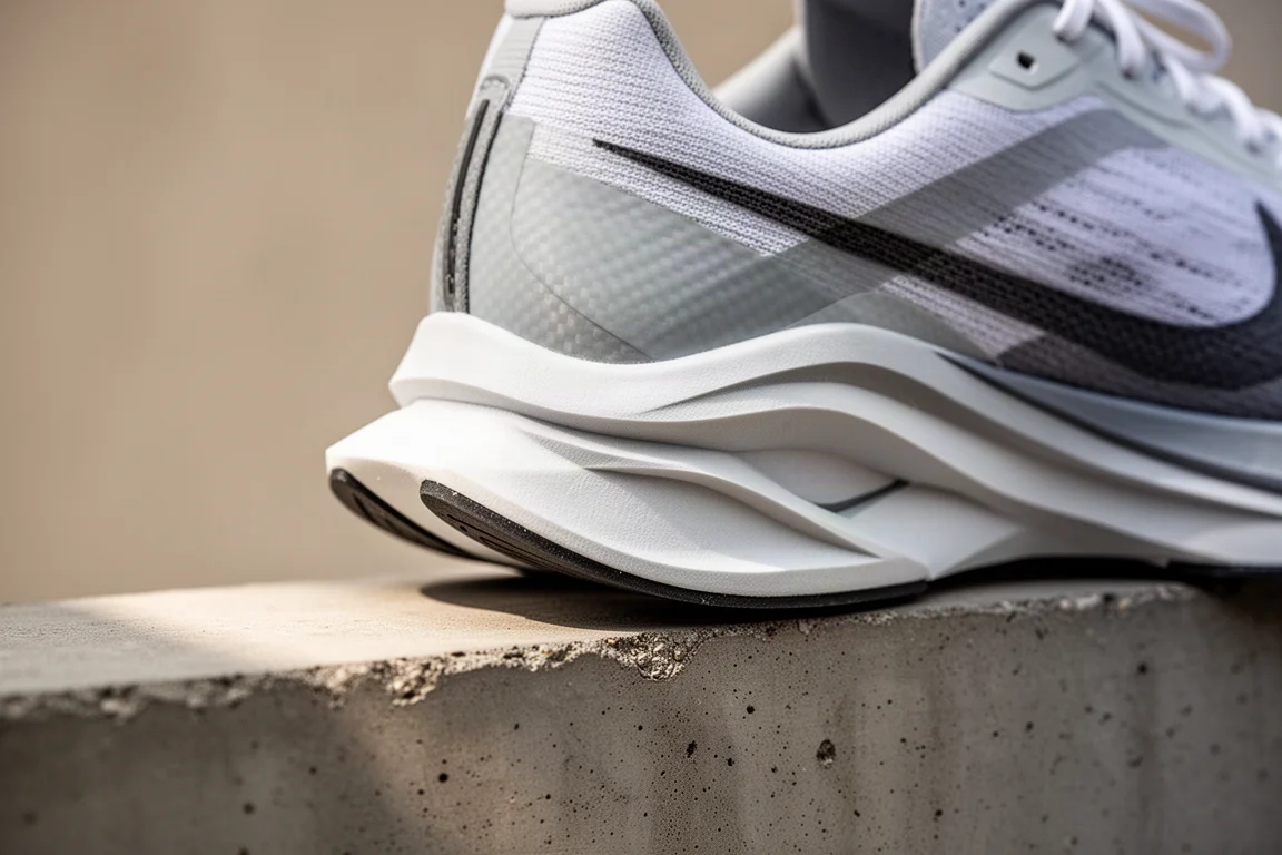 Close-up of a carbon racing shoe midsole heel showing sculpted foam