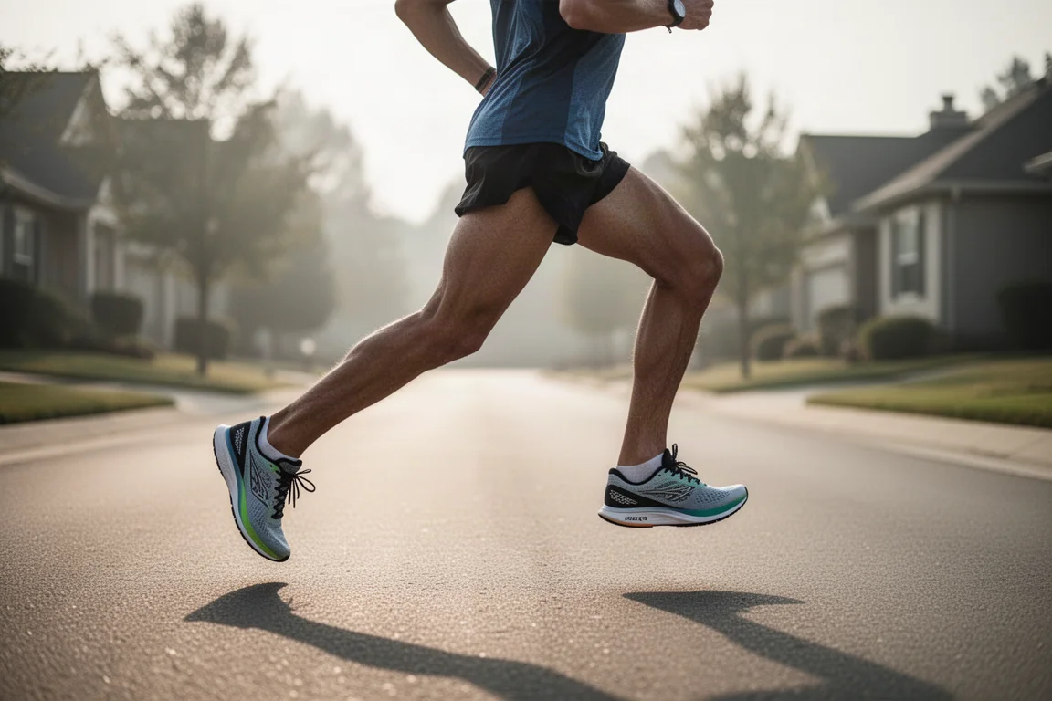 Runner landing midfoot on a road during a fast tempo run