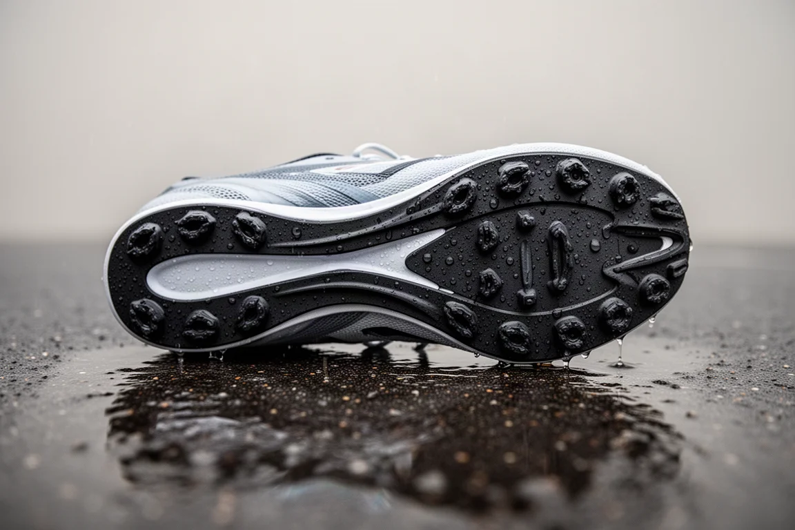 Carbon racing shoe outsole detail on wet pavement