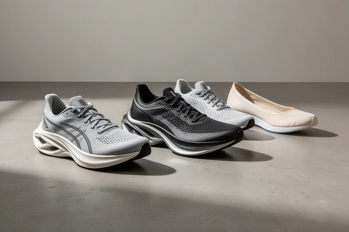 Fünf Carbon-Laufschuhe in einer Reihe auf einer Betonfläche