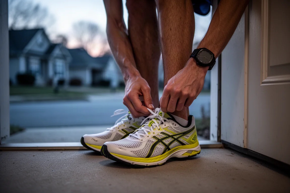 Runner lacing up white and yellow racing shoes before an early morning workout