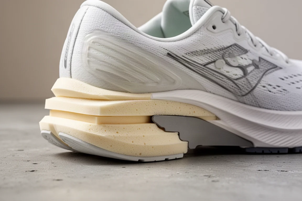 Close-up of sculpted midsole foam and plate on a racing shoe outsole