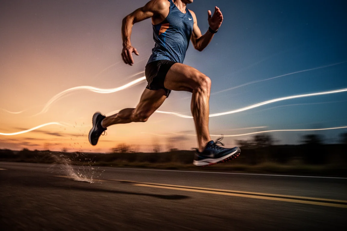 Racer sprinting on forefoot during a fast 5K effort at dusk