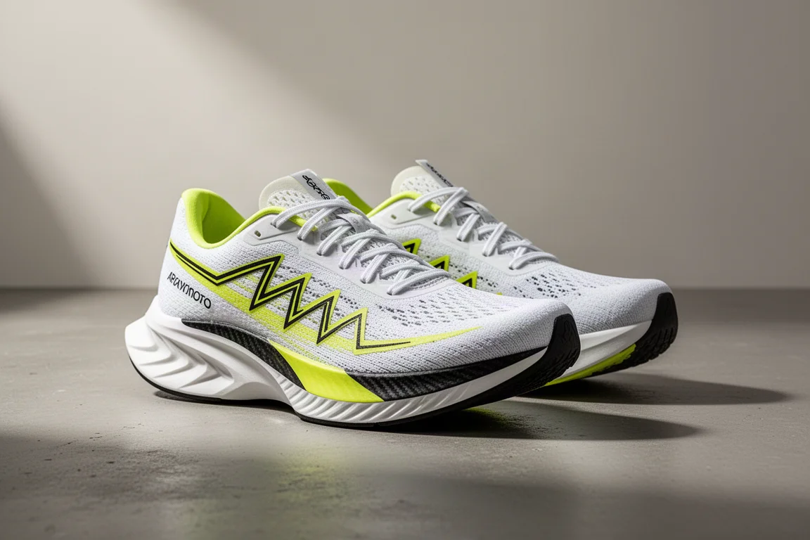 Scarpe da gara da maratona con piastra in carbonio bianche e gialle su una superficie in cemento