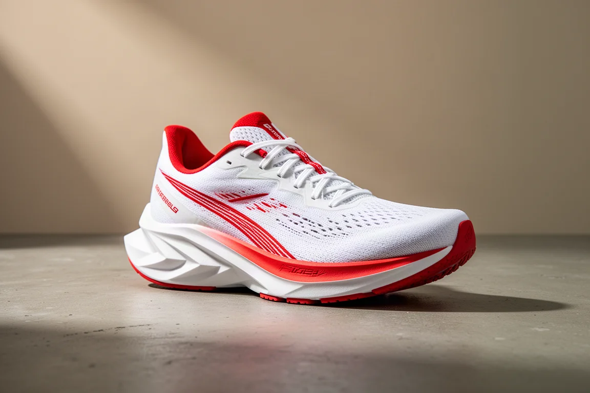 White and red Puma Deviate Nitro Elite racing shoe on a concrete surface