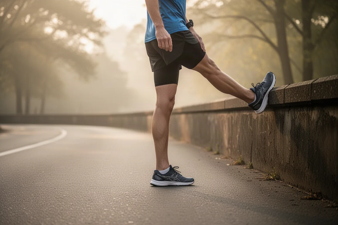 Vue à plat d'équipement de course sur béton, incluant une chaussure de compétition et l'essentiel d'entraînement