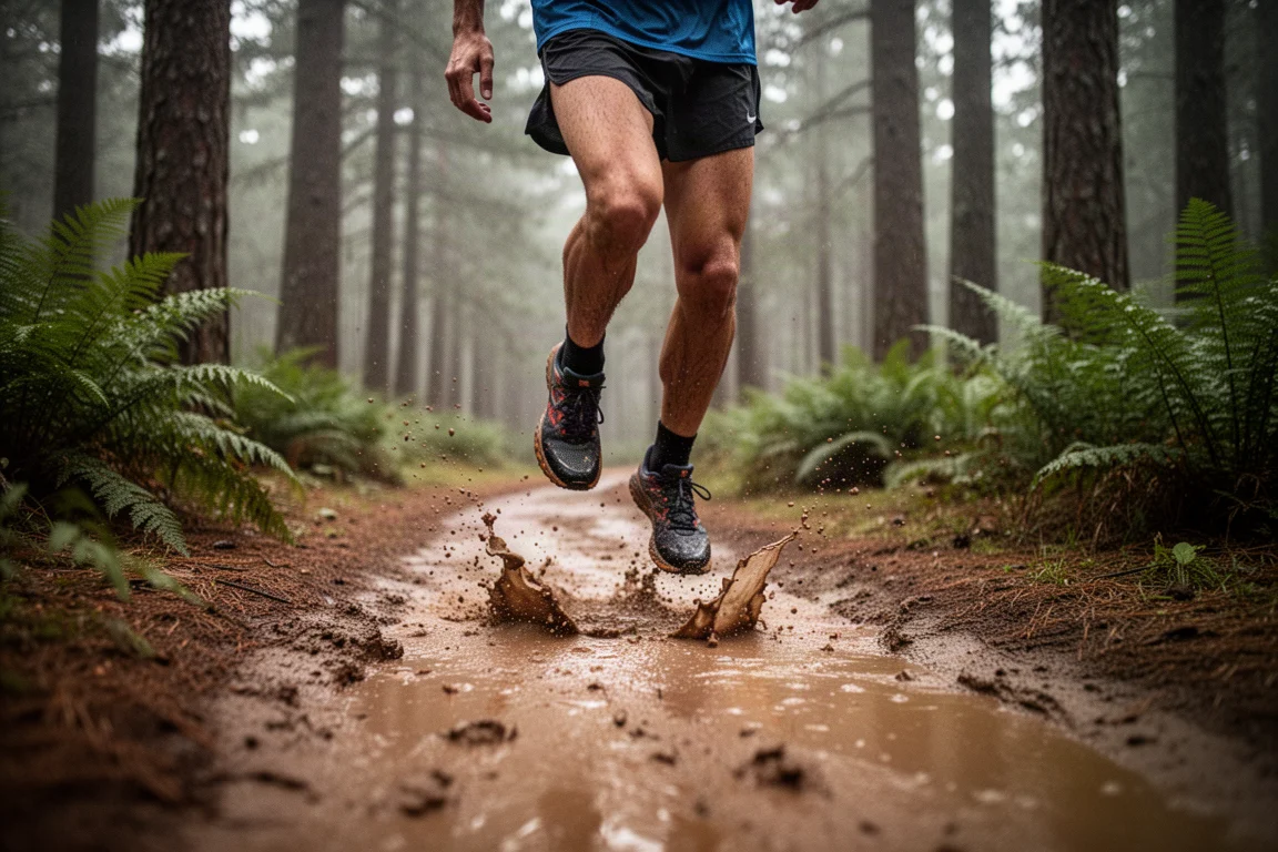 Trailrunner die in zacht daglicht over een modderig bospad loopt