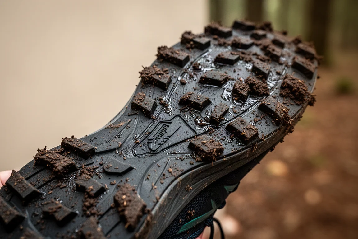 Close-up van de buitenzool van een trailschoen met ondiepe noppen vol natte modder