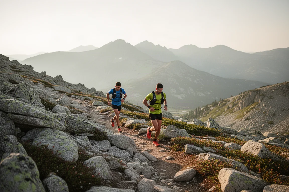 Lopers klimmen in zomerlicht over een rotsachtig alpenpad boven de boomgrens