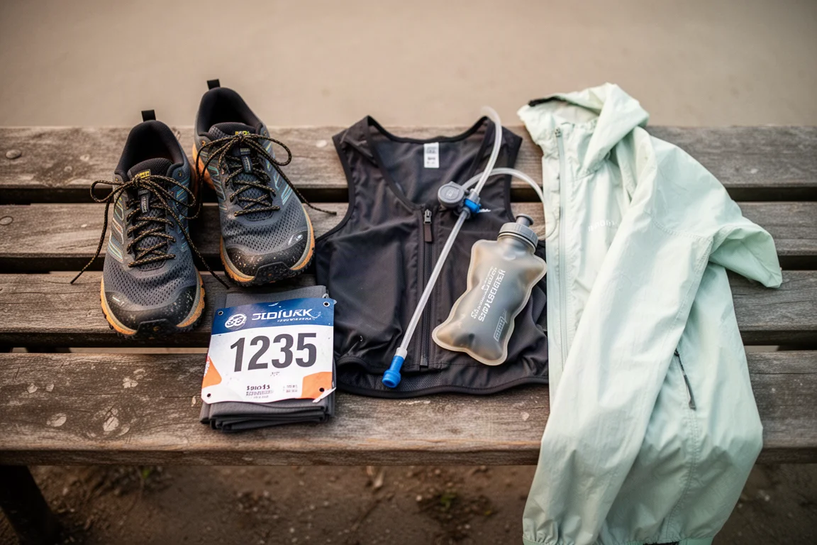Trailschoenen en raceuitrusting op een houten bank vóór een trailrace