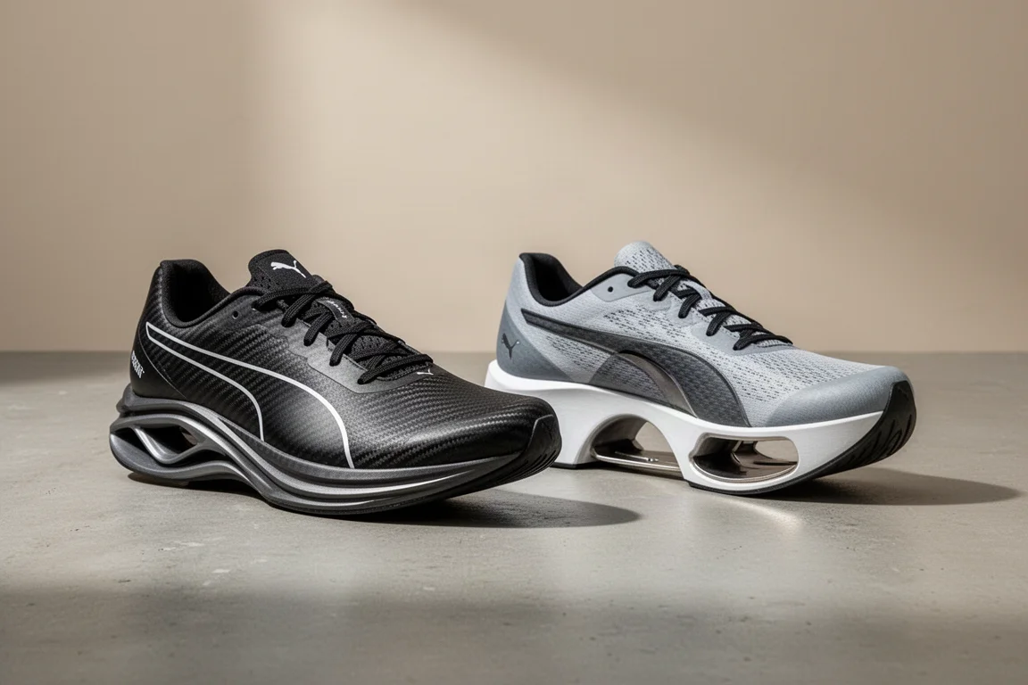 Puma Deviate Nitro Elite and Fast-R Nitro Elite racing shoes side by side on concrete