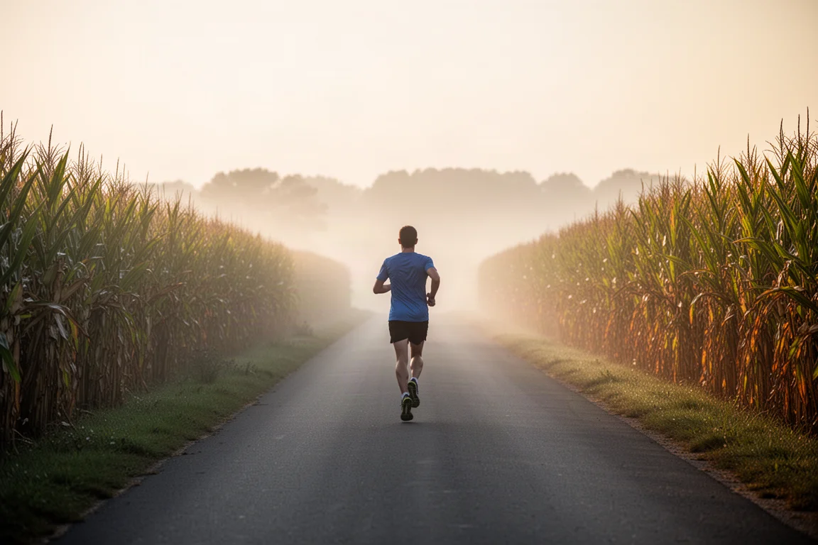 Läufer in der Dämmerung auf einer stillen Landstraße bei einem langen lockeren Lauf