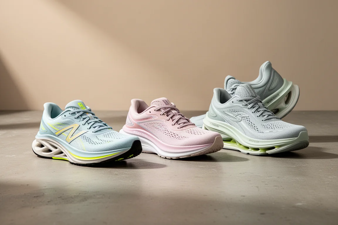 Drei Laufschuhe stehen in einer Reihe auf einer Betonoberfläche