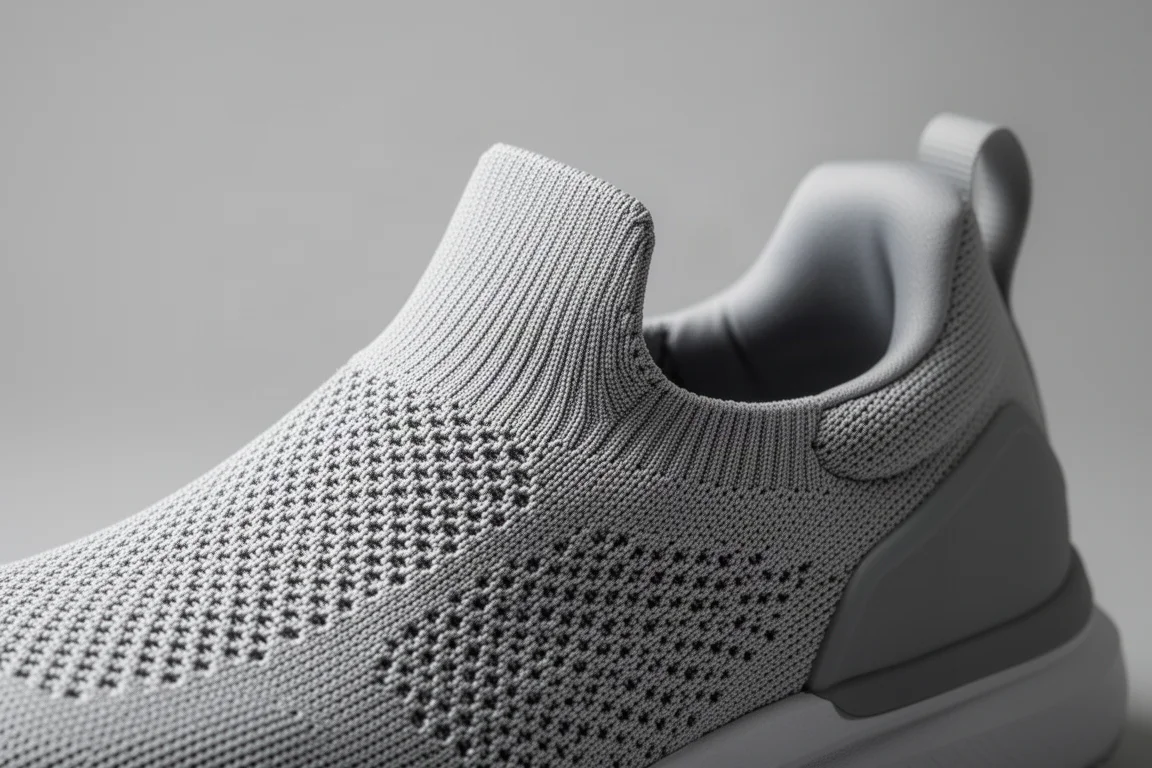 Tomaia in maglia di una scarpa da running che si flette per mostrarne l'elasticità e la struttura avvolgente come un calzino su una superficie neutra