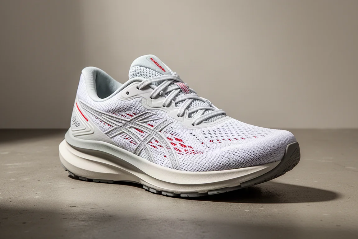 Puma Deviate Nitro Pure Laufschuh in Weiß mit roten Akzenten auf einer Betonoberfläche