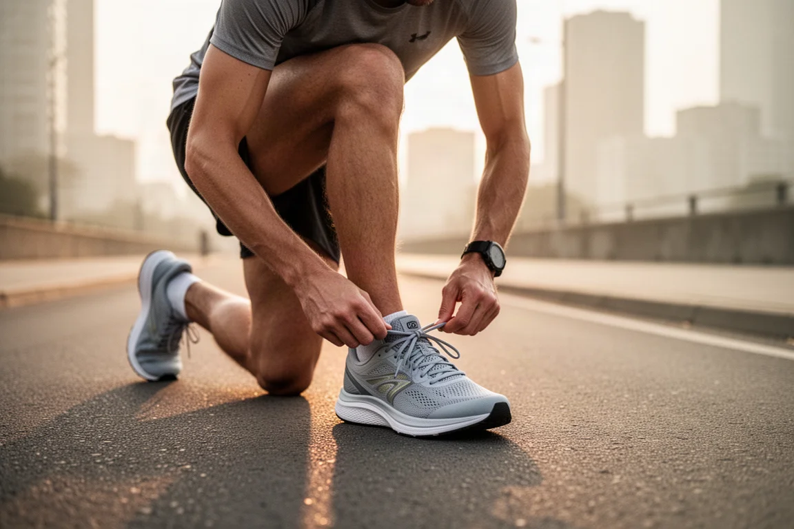 Läufer schnürt vor einem lockeren Morgenlauf die Schuhe