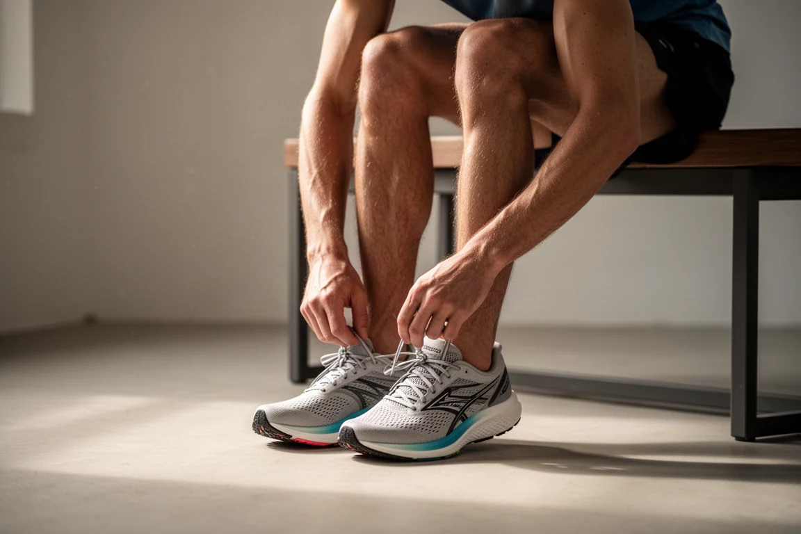 Runner lacing up a lightweight road running shoe before a morning run
