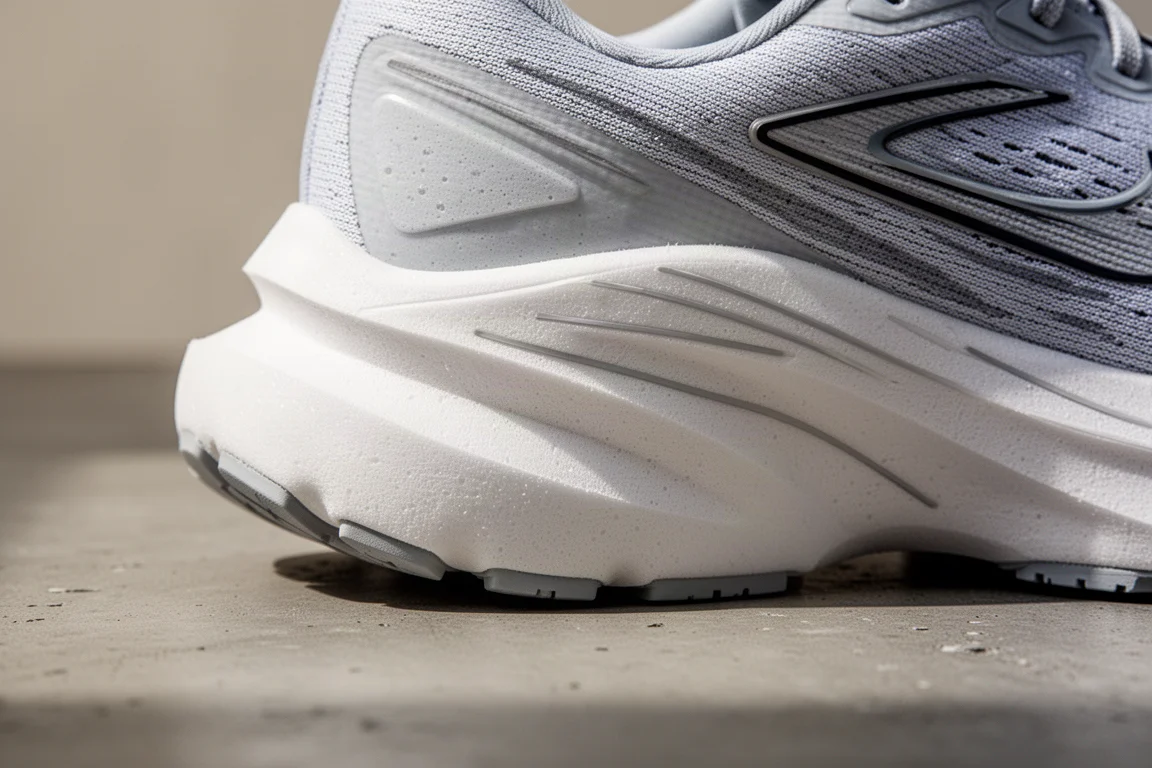 Close-up of a foam midsole wedge showing cushioning geometry