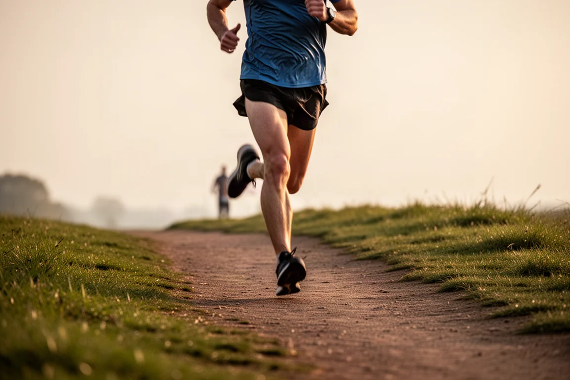 Runner moving at a steady pace on mixed terrain footpath