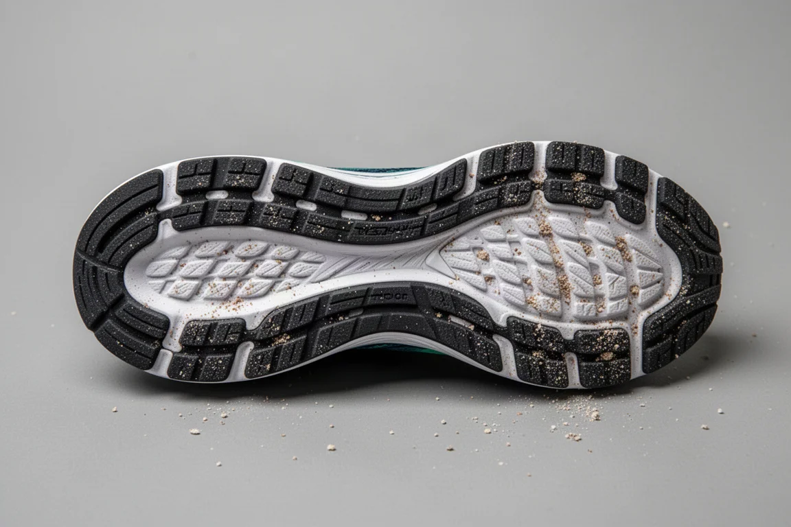 Outsole of a running shoe with visible rubber traction pattern