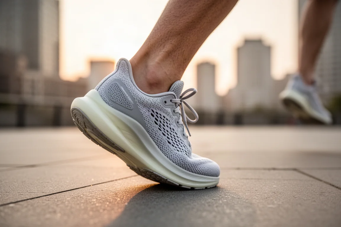 Runner tying laces on a lightweight training shoe on a city pavement at dawn