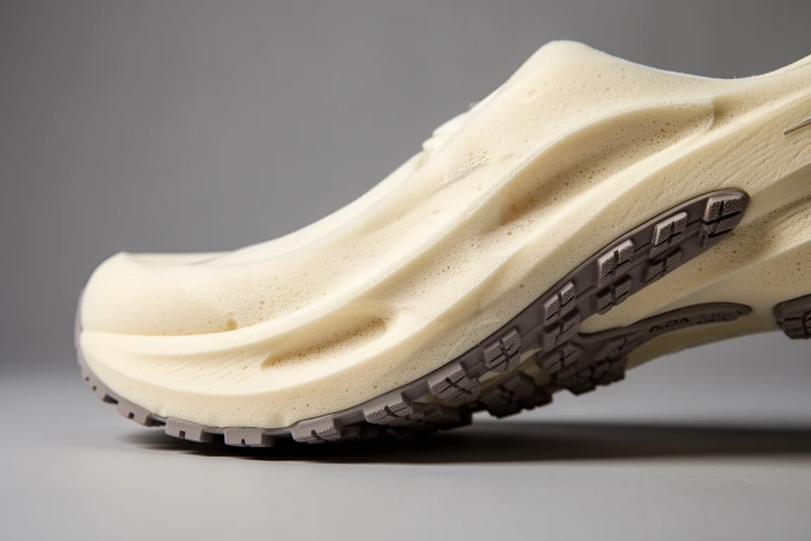 Close-up of a sculpted pale foam midsole on a running shoe